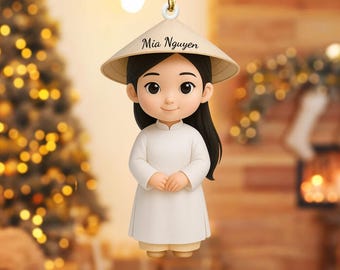 Personalized Vietnamese Girl Ornament, Traditional Dress, Keepsake Gift