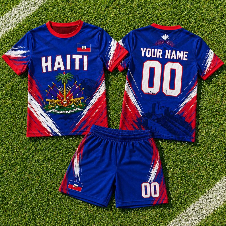 A pair of blue and red sports jerseys and shorts, with the word "HAITI" printed on them, along with a number "00" and a flag design.