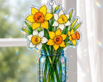 Daffodils In Jar Acrylic Suncatcher, Yellow Narcissus Floral Window Art, Mason Jar Flower Bouquet Acrylic Hanging, Spring Garden Gift