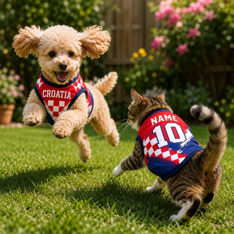 A small dog wearing a Croatia jersey is jumping in the air, while a cat wearing a jersey with the number 10 is running towards it.