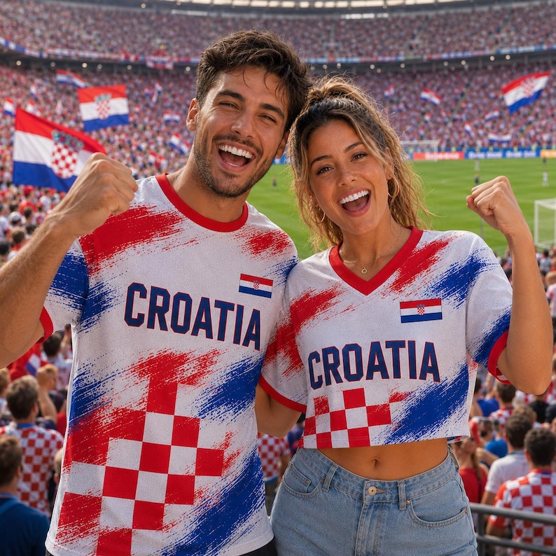 A man and a woman are standing together, smiling and wearing red, white, and blue Croatia soccer jerseys, with flags of Croatia visible in the background.