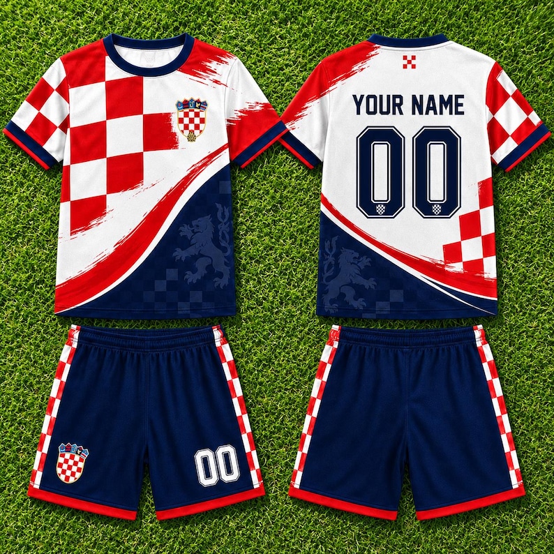 A soccer jersey and shorts set with a red and white checkered pattern, featuring the Croatia national team logo and the text "YOUR NAME 00" on the back.
