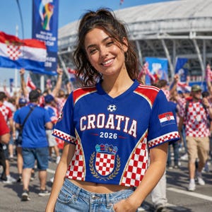 A smiling woman wearing a blue and red Croatia jersey stands in front of a crowd of people waving flags and banners, suggesting she is at a sporting event.