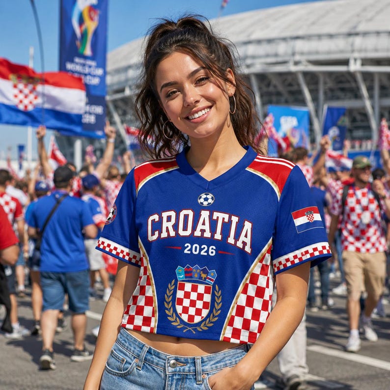A smiling woman wearing a blue and red Croatia jersey stands in front of a crowd of people waving flags and banners, suggesting she is at a sporting event.