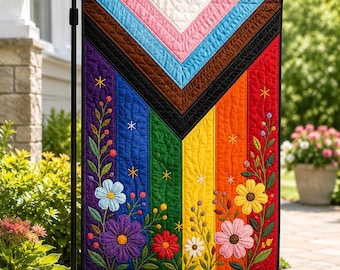 LGBTQ Pride Month Outdoor Decor, Faux Patchwork Floral Progress Pride Garden Flag, Quilt Art LGBTQ Rainbow Floral Yard Decor
