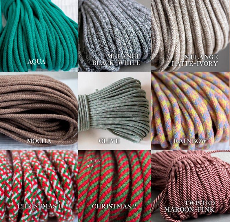 May include: Nine bundles of colourful rope in various shades. Colours include aqua, black and white melange, latte and ivory melange, mocha, olive, rainbow, Christmas 1, Christmas 2, and twisted maroon pink. Each bundle is tightly wound.