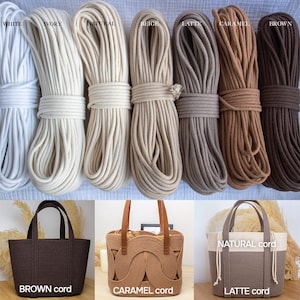 May include: An assortment of rope in shades of white, cream, natural, beige, latte, caramel, and brown. Three tote bags are shown below, each made from the matching rope colour, with labels indicating the cord colour.
