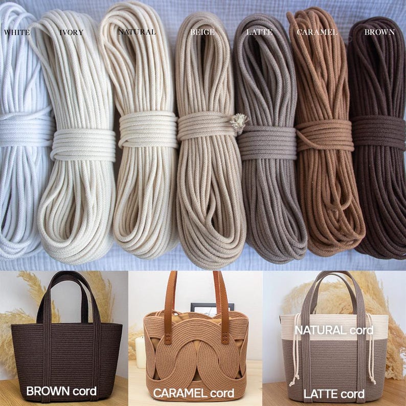 May include: An assortment of rope in shades of white, cream, natural, beige, latte, caramel, and brown. Three tote bags are shown below, each made from the matching rope colour, with labels indicating the cord colour.