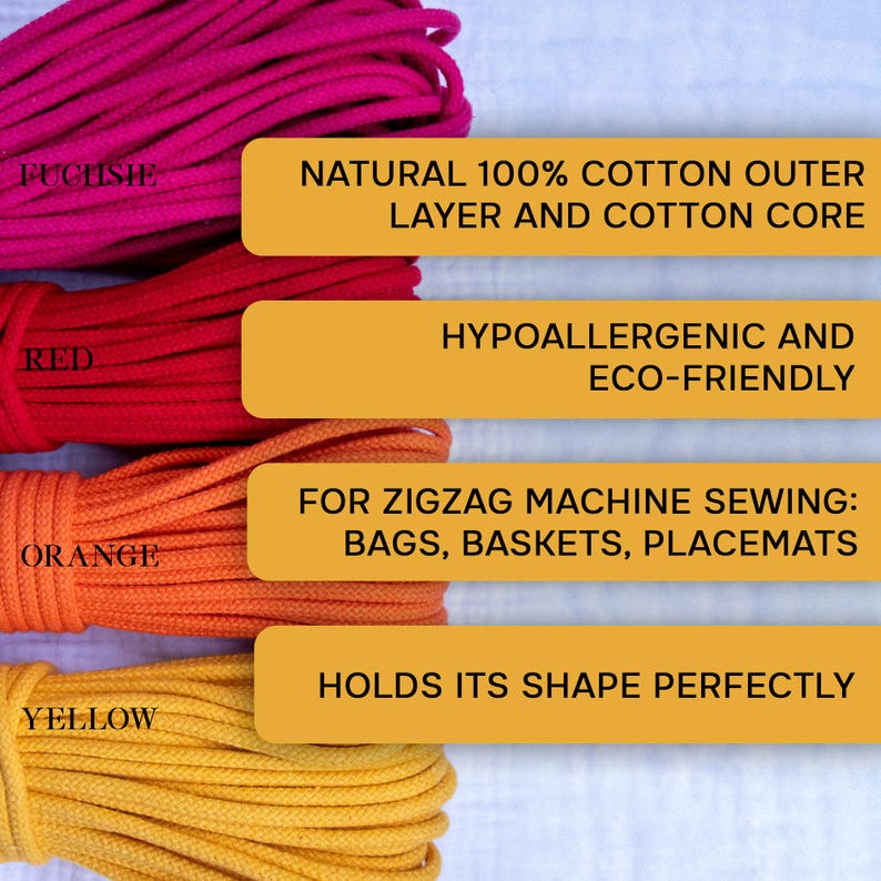 May include: Image of colourful cotton rope in fuchsia, red, orange, and yellow. Text on the image states the rope is natural, hypoallergenic, eco-friendly, and suitable for zigzag machine sewing projects such as bags and placemats.