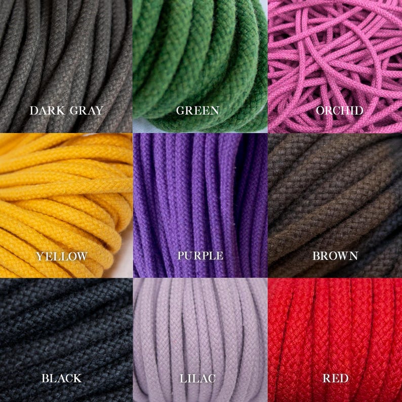 May include: Close-up of nine different coloured ropes. Colours include dark grey, green, orchid, yellow, purple, brown, black, lilac, and red. Each colour is labelled with its name in white text.