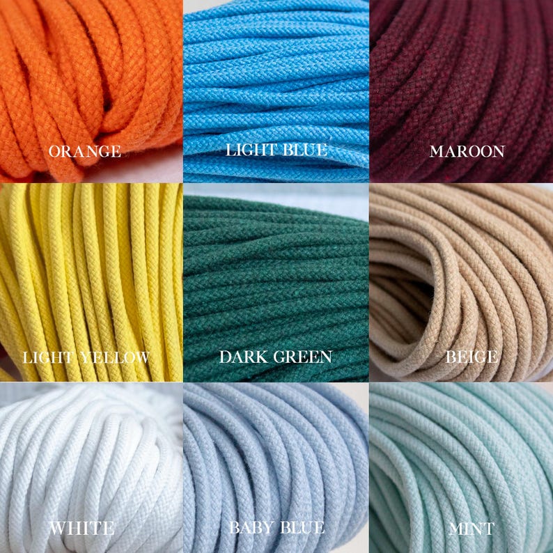 May include: Close-up of nine different coloured macrame cords. Colours include orange, light blue, maroon, light yellow, dark green, beige, white, baby blue, and mint. Each colour is labelled with its name.