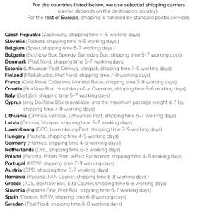 May include: A white background displays text detailing shipping carriers and delivery times for European countries. The text includes country names, carrier details, and estimated delivery times, ranging from 4-5 to 7-9 working days.