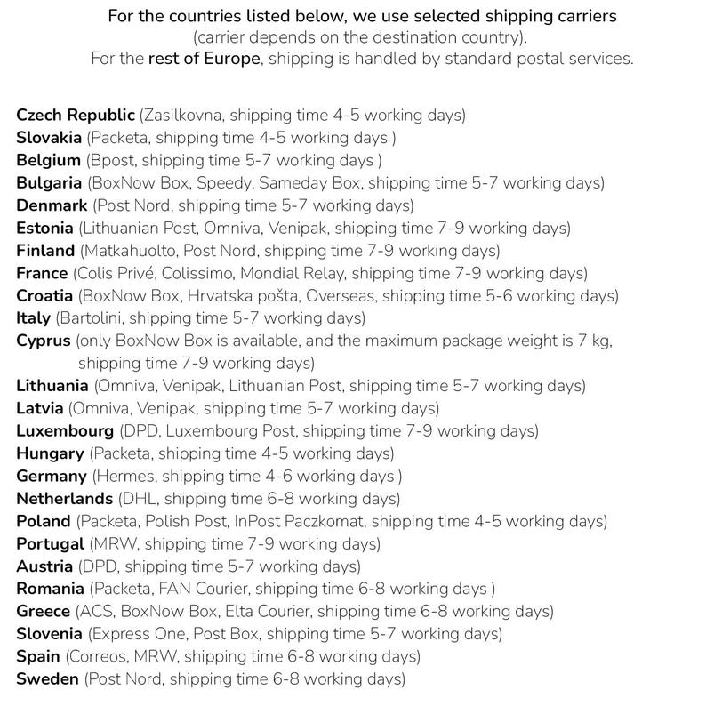 May include: A white background displays text detailing shipping carriers and delivery times for European countries. The text includes country names, carrier details, and estimated delivery times, ranging from 4-5 to 7-9 working days.