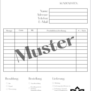 May include: A white order form with the CHOGAN logo at the top, featuring fields for customer information and product details. The word "Muster" is stamped across the form. Includes sections for payment, order, and delivery options.