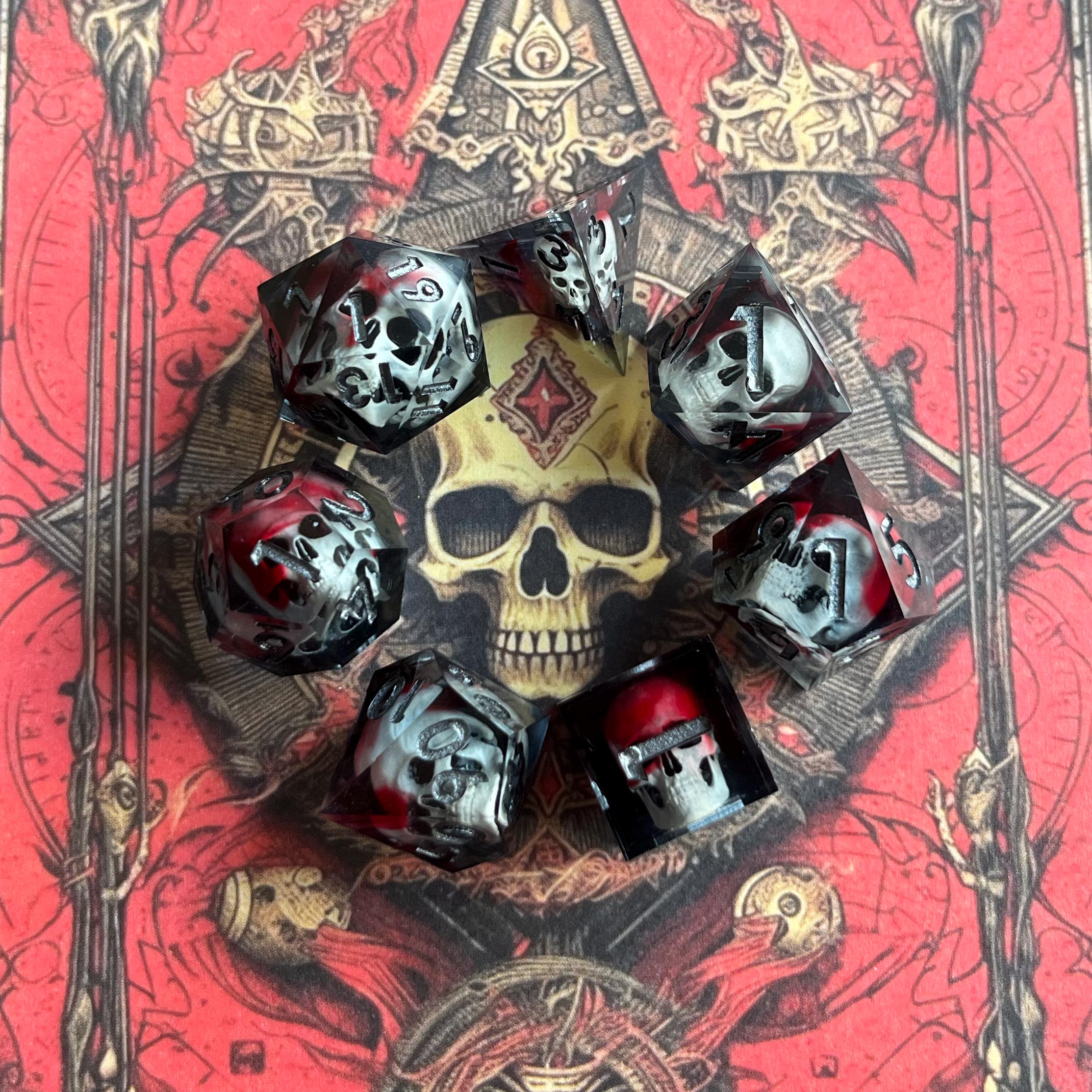 Gothic D&D Resin Dice Set with 3D Skull, Black Transparent Resin and Blood Red Swirl, Metallic Black Numbers for Dark Fantasy RPG | 123