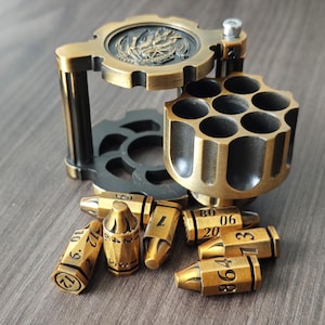 Metal Polyhedral Bullet Dice Set of 7 with Spinning Revolver Cylinder Container Cyberpunk Style Dice for DND Sci-Fi War  Tabletop Games | 2