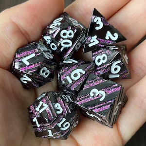 Obsidian Metal DND Dice Set: Purple Glitter Resin, Decorative Tin  - Complimentary Halloween Gifts included