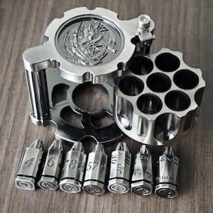 Metal Bullet Dice Set 7 with Spinning Revolver Cylinder Container Cyberpunk Style Dice for DND Sci-Fi War Tabletop Games | 2 Ancient Silver
