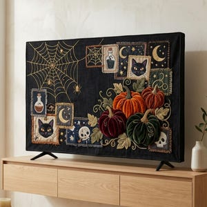 Velvet Pumpkin Patchwork TV Cover, Black Denim Embroidered Golden Thread Cobwebs, Black Cat Potion Bottle Patch Motif Gothic Halloween Decor