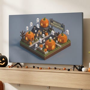 以下が含まれることがあります： フラットスクリーンテレビには、オレンジ色のカボチャ、白い幽霊、HAUNTED NEIGHBORHOODと書かれた看板が描かれたボクセルスタイルのハロウィーンのデジタルイラストが表示されており、フローティングタイプの木製テレビ台の上に設置されています。
