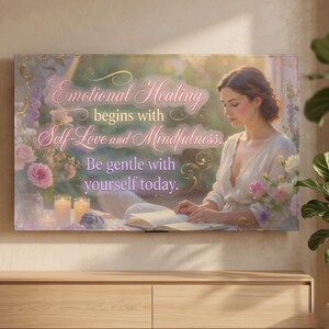 May include: A rectangular wall art print featuring a person reading a book, surrounded by pink and purple flowers and lit candles. The text reads: Emotional Healing begins with Self-Love and Mindfulness. Be gentle with yourself today.