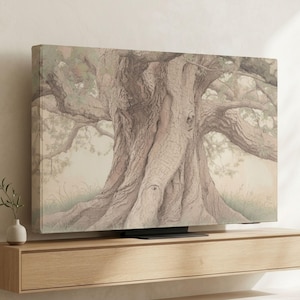 May include: A rectangular television screen displaying a detailed illustration of a large, ancient tree with textured bark and sprawling branches. The screen is mounted on a light-colored wall above a long, horizontal wooden floating shelf.