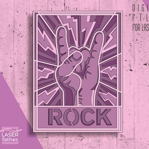 Arquivos SVG multicamadas recortados a laser com letras Rock N Roll Hand, arte musical, recortes de papel, Cricut Shadowbox, formatos AI CDR SVG, EPS, DWG para qualquer necessidade de artesanato