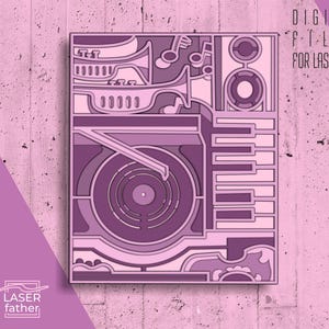 May include: A digital file for laser cutting a design of a record player with a trumpet, a microphone, and musical notes. The design is in shades of purple and pink.