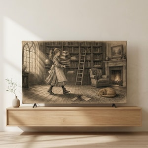 Girl Carrying Books TV Dust Cover Print Vintage Book Lover Wall Art Book Nook Library Decor Reading Room Poster