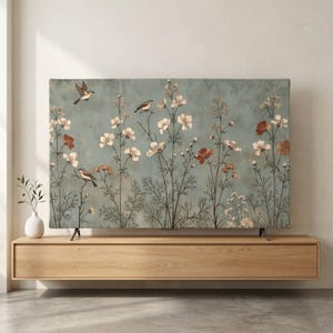 Funda antipolvo para TV con diseño de pájaro primaveral neutro - Marco abstracto vintage para TV - Lámina decorativa de pared con tonos tierra