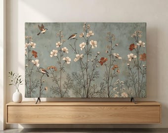 Funda antipolvo para TV con diseño de pájaro primaveral neutro - Marco abstracto vintage para TV - Lámina decorativa de pared con tonos tierra