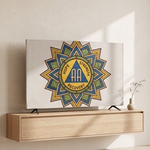 May include: A television screen displaying a circular mandala-style graphic with a central blue triangle containing the letters AA. The surrounding yellow ring features the text HOPE, STRENGTH, and RECOVERY, framed by blue, green, and yellow petals.