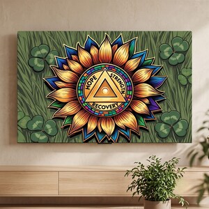 May include: A rectangular wall art print featuring a large, stylized sunflower with yellow and blue petals. At the center is a gold triangle with the text HOPE, STRENGTH, and RECOVERY. The background is green with scattered clover leaves.