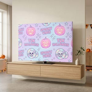 2000s Y2K Pastel TV Cover, Glowing Pink Jack O Lantern Pumpkin Skull CD Disc Bubble Lettering Spooky Vibes Screen Dust Protector Case