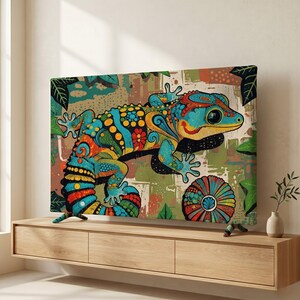 Tropische hagedis tv-stofhoes -- Kleurrijke gekko tv-lijst decoratie -- Woestijn terras muurdecoratie print