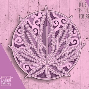 May include: A purple and white mandala design of a cannabis leaf. The design is intricate and detailed, with a circular pattern around the leaf. The design is suitable for laser cutting.
