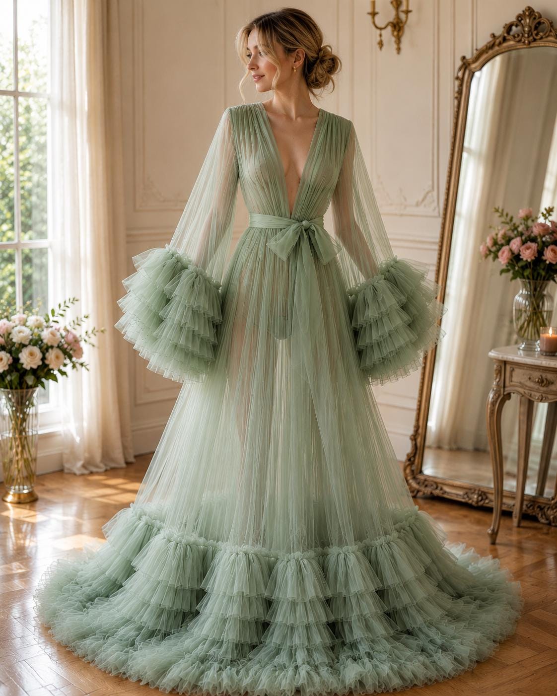 long flowy dressing gown Robe formal long chiffon dress