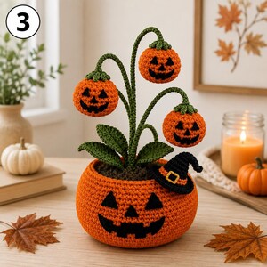 Planta de calabaza de Halloween tejida a crochet, decoración de linterna de calabaza hecha a mano, maceta con forma de murciélago adorable, decoración de Halloween con sombrero de bruja, decoración otoñal para el hogar