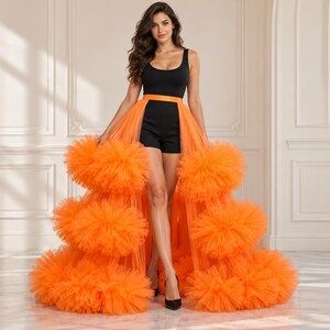 Orange Tulle Overskirt, Tiered Ruffle Open Front Maxi Skirt for Halloween Costumes, Birthday Parties and Photoshoots