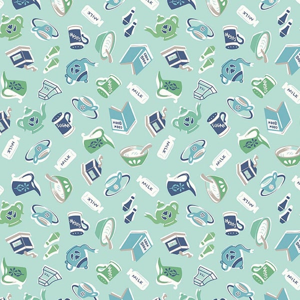 Lori Holt Cook Book Fabric by Riley Blake - Aqua Blue Kitchen Fabric by the 1/2 Yard or Fat Quarter