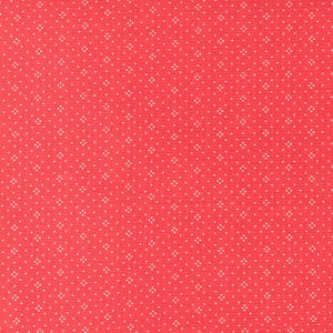 May include: Close-up of a coral-colored fabric with a repeating pattern of small white dots arranged in a grid-like formation. The dots are clustered in a four-dot pattern, creating a subtle texture.