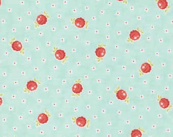 Stitched Fabric by Fig Tree Quilts and Moda -  Aqua Blue and Red Berry Fabric by the 1/2 Yard or Fat Quarter