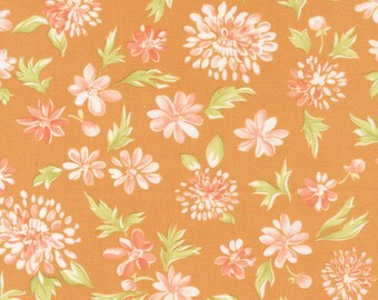 Cinnamon & Cream Fabric by Fig Tree Quilts for Moda - Butterscotch Gold and Coral Pink Mums Floral Fabric by the 1/2 Yard