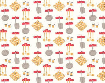 Lori Holt Cook Book Fabric by Riley Blake - White and Yellow "Dinner" Kitchen Fabric by the 1/2 Yard or Fat Quarter