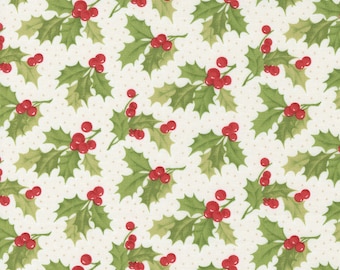 Christmas Stitched Fabric by Fig Tree Quilts for Moda - White and Green Vintage Holly Fabric