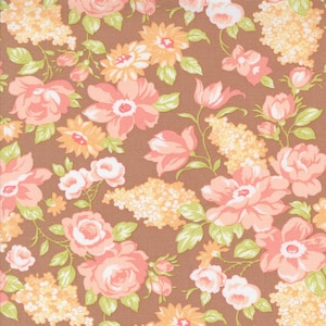 May include: A brown floral fabric featuring a repeating pattern of various flowers in shades of peach, coral, yellow, and white. The flowers include roses, daisies, and other blossoms with green leaves. The fabric has a textured appearance.