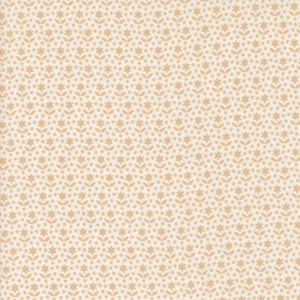May include: A repeating pattern of small, light brown star and floral shapes on a cream-coloured background. The design is evenly spaced, creating a textured, all-over pattern suitable for fabric or wallpaper.