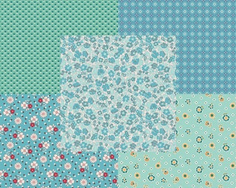 Lori Holt Mercantile Fabric Fat Quarter Bundle - 5pc Aqua & Sea Glass Color Bundle