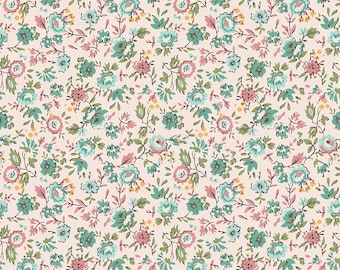 Stoff der Serie „Piece & Plenty“ von Lori Holt für Riley Blake – Beige und Meeresglasblau, kleiner Blumenstoff