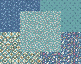 Lori Holt Mercantile Fabric Fat Quarter Bundle - 5pc Blue Color Bundle